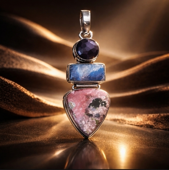 Artisan Jewelry - Rhodonite, Rainbow Moonstone, Amethyst Gemstone Long 2.5” Boho Silver Pendant